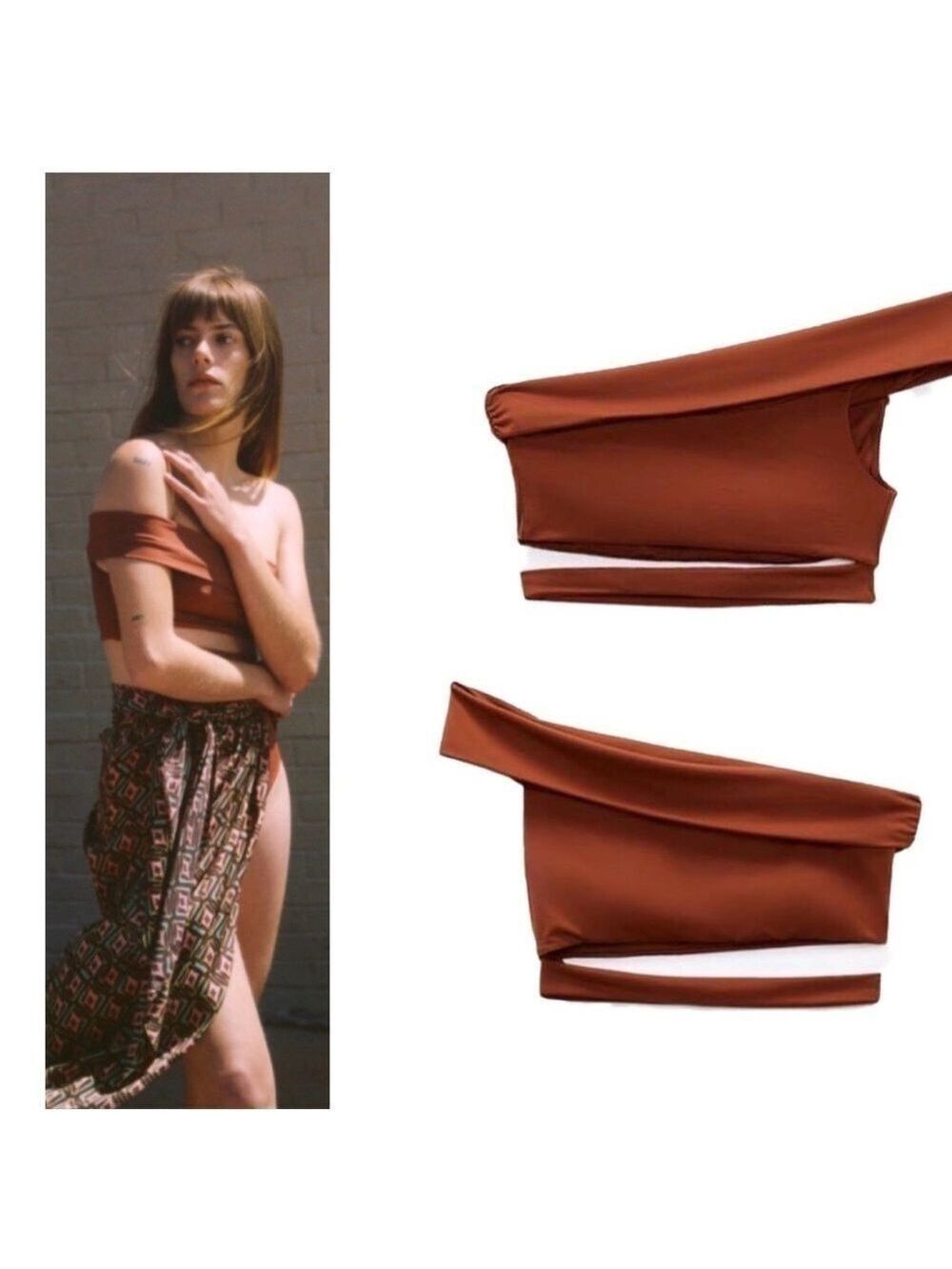 Zara Brown asymmetrical cut out cropped bikini bathing suit top Sz M NWOT🔥